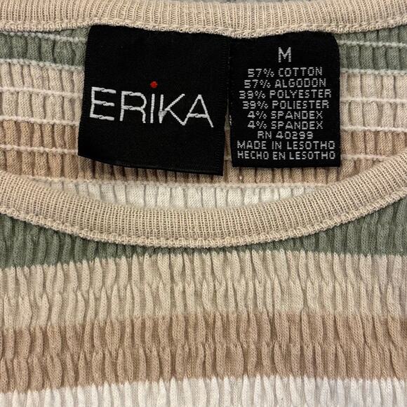 Vintage 90s Knit Striped T-Shirt Top Olive Green Beige Cream Neutral, Size M - Picture 6 of 7